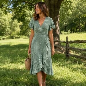 max studio green polka dot dress | Dresses | Max Studio Red Floral Wrap Midi With Ruffle Cap Sleeves button front knit dress